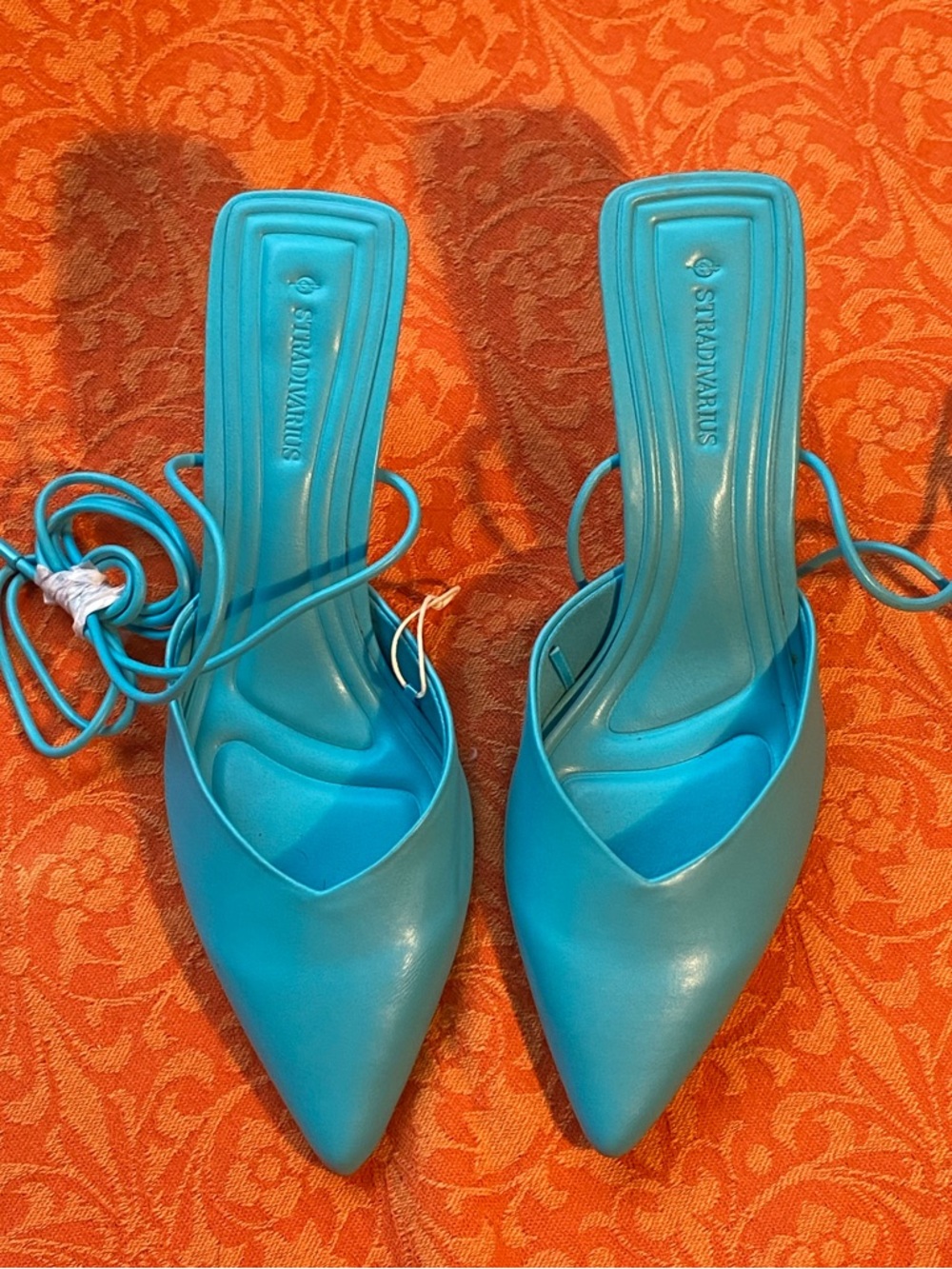 NWOT Stradivarius turquoise leather ankle wrap mules,kitten heels,pointy toe,7 - Picture 3 of 12
